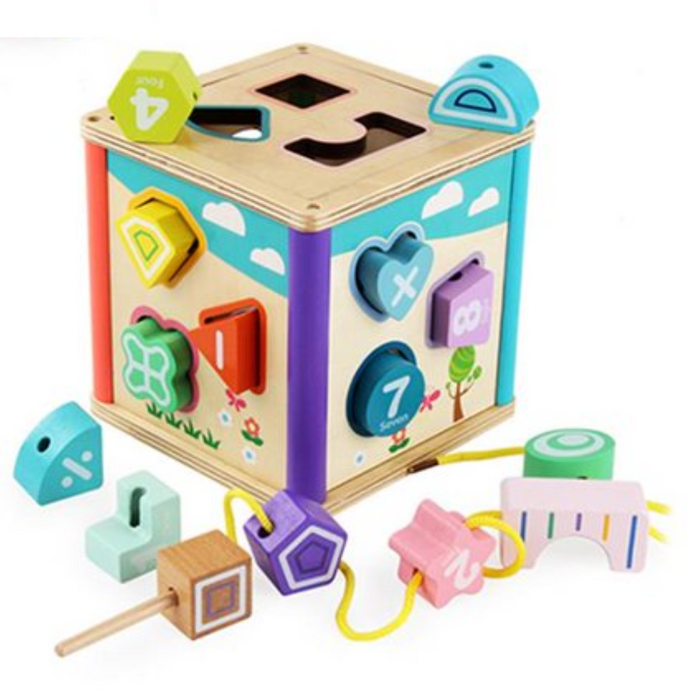 Cubo encajable y enhebrado de madera
