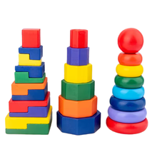 Cargar imagen en el visor de la galería, Torre Didáctica Encajable Geométrica 3 en 1 de Madera
